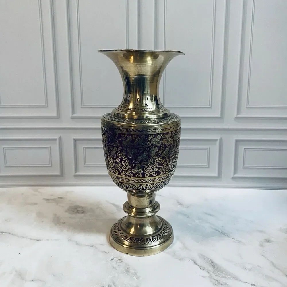 Vintage Brass Pedestal Etched Floral Footed Vase 7”